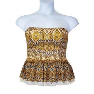 Bebe Womens Strapless Yellow Blue Peplum Top Size M